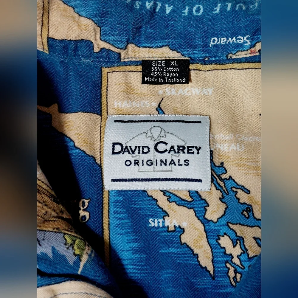 David Carey Originals Alaska Map Hawaiian Shirt‎ Men’s XL Blue Wildlife Print